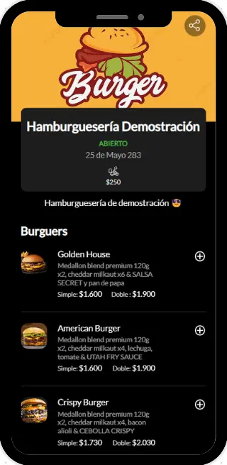 Vista del menú digital de YaMenu en un teléfono