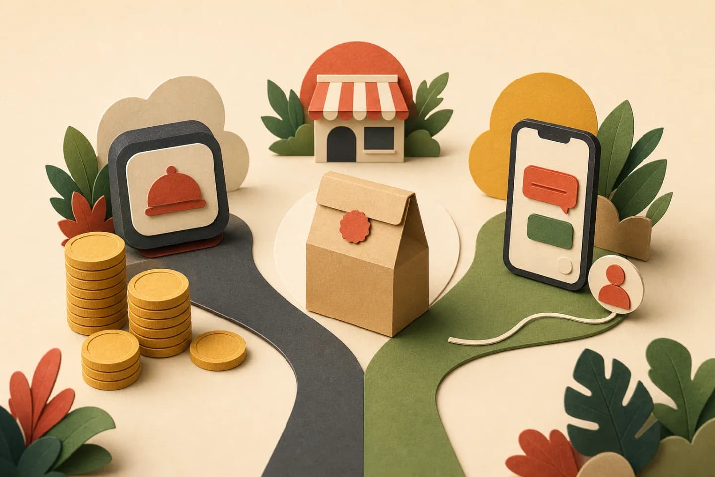 Ilustración editorial que compara plataformas de delivery con un canal de venta directo