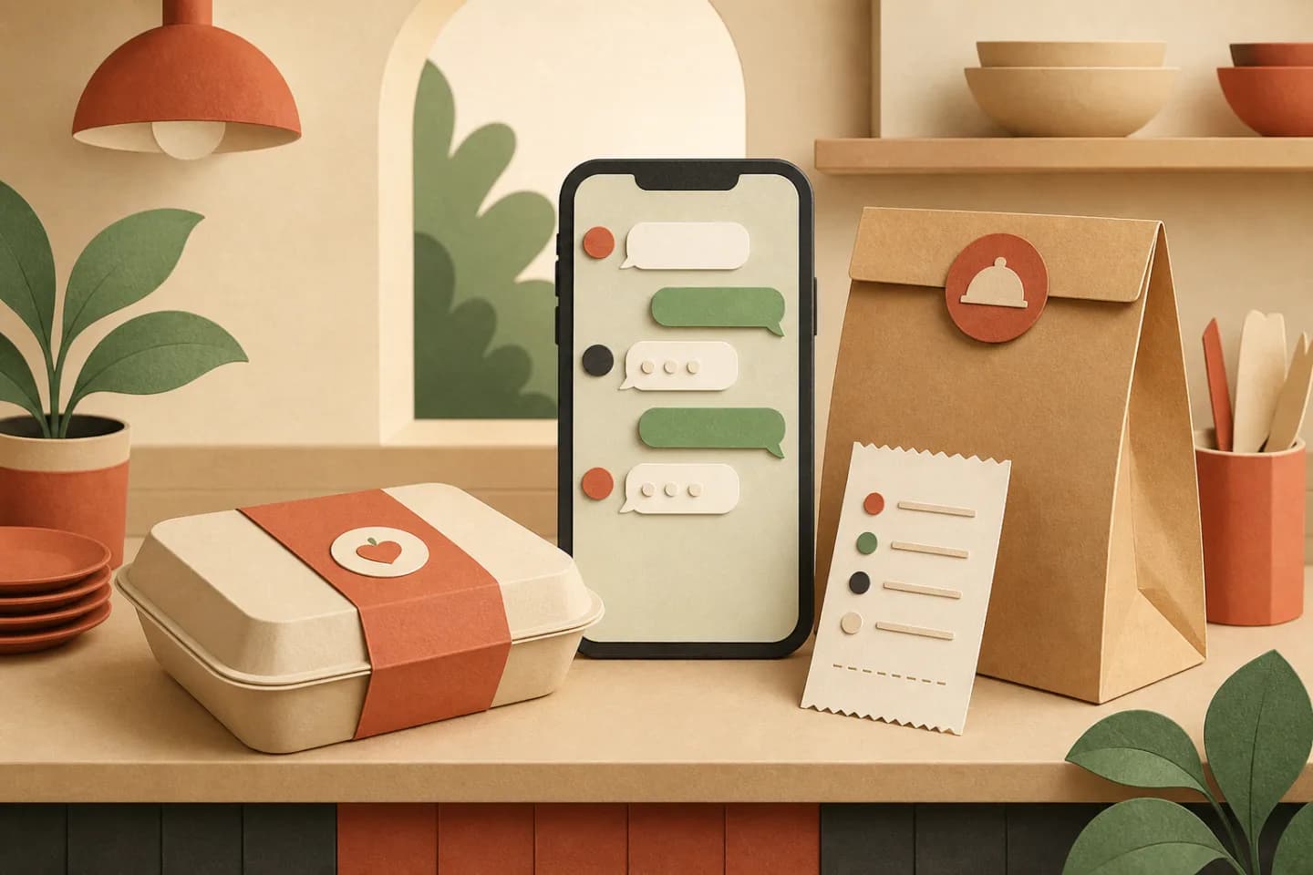 Ilustración editorial de un celular con mensajes y un pedido gastronómico preparado